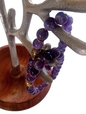 2 Beaded Stretchable Bracelets Natural Amethyst Gemstones Gold-toned Buddha Head